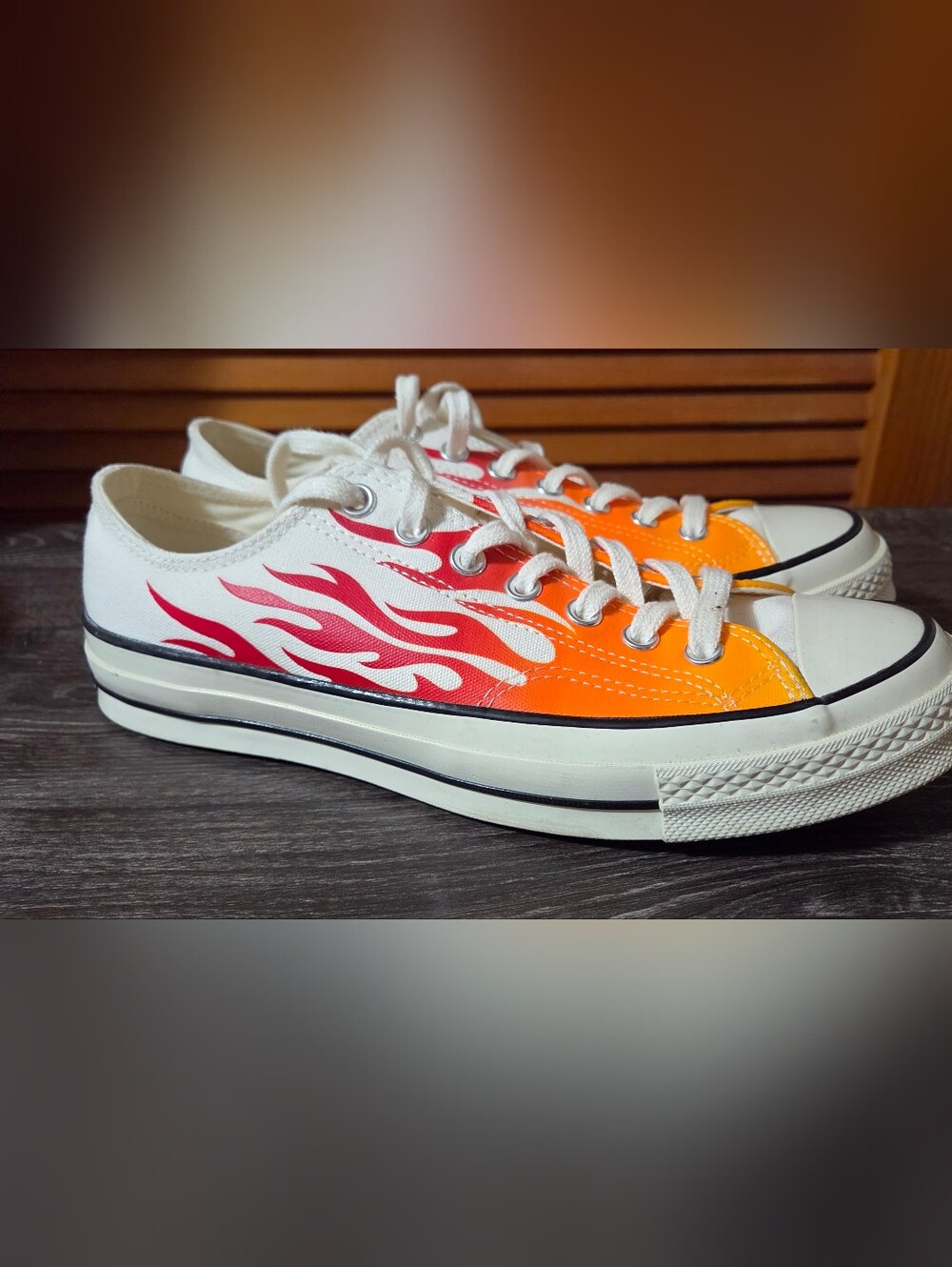Men's Low-Top Canvas Sneakers with Red & Orange Flame Graphic